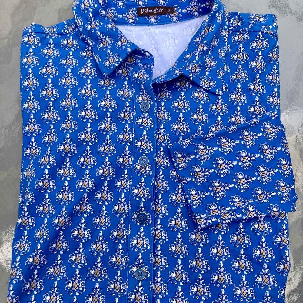 J. McLaughlin EUC Catalina Cloth Blue/Yellow Pineapple Button Popover Shirt Sz S - Picture 14 of 16